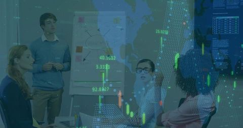 Presenting team collaborating on strategic planning with market analytics overlay