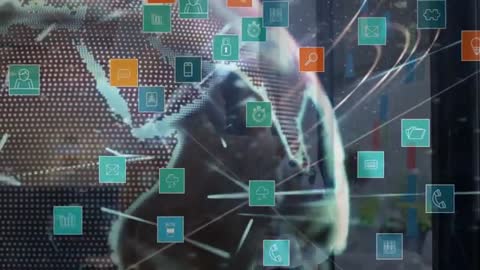 Floating Digital Icons Over Futuristic Network Connections