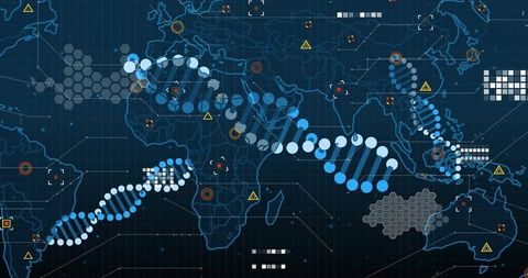 World map with dna strands and digital interface elements