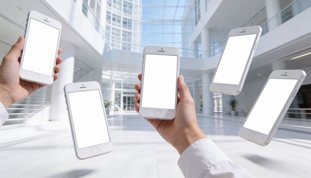 Sunlit atrium with multiple blank-screen smartphones held and floating for app mockups