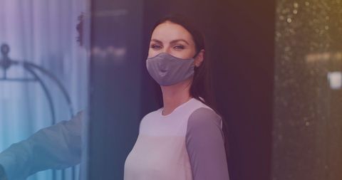Caucasian Woman Wearing Face Mask in Modern Office with Glass Partitions - Download Free Stock Images Pikwizard.com