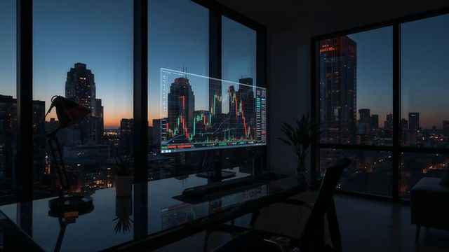 Financial Analytics on Computer in Urban Office Space at Dusk