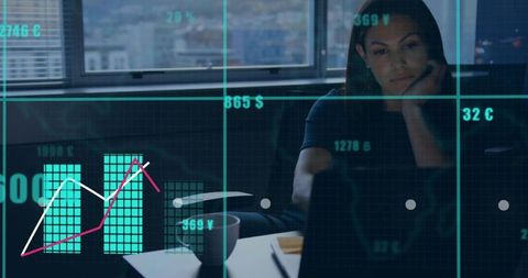 Woman Analyzing Laptop Screen with Financial Charts Overlay