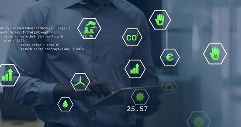 Mature professional interacting with augmented reality sustainability analytics dashboard
