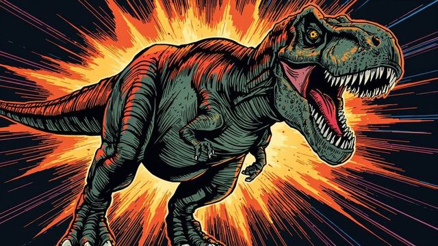 Roaring green t-rex in dynamic comic-style explosion