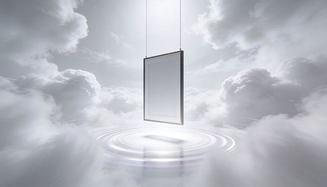 Minimalist floating framed panel over cloud pool creating reflective ripples and light