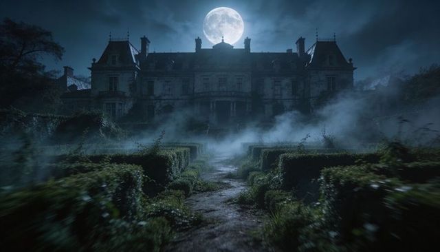 Moonlit gothic mansion looming over overgrown garden path shrouding grounds in mist