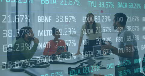 Financial Data Overlay on Business Team in Discussion
