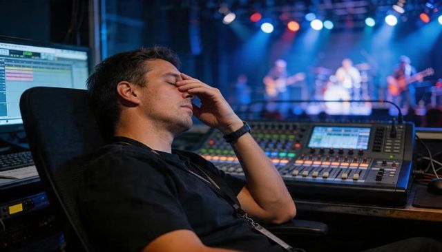 Exhausted live sound engineer pinching nose at mixing console during concert production