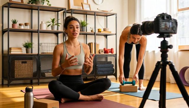Yoga instructor filming live home workout tutorial with partner using dslr for wellness