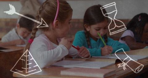 Elementary students in classroom with geometric overlays