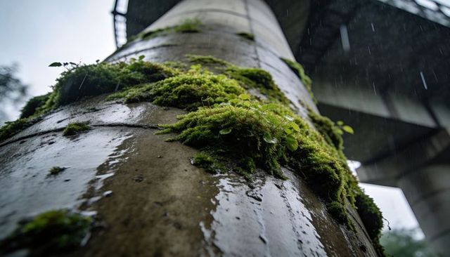 Moss-clinging concrete pillar dripping rain under urban overpass showing resilient green growth