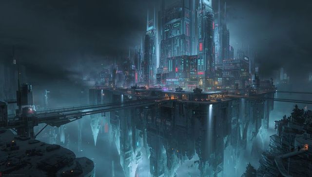 Glowing cyberpunk floating megacity hovering above fog-chasm with neon spires and bridges