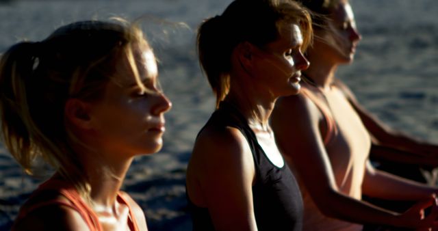 Women Meditating on Beach at Sunset - Download Free Stock Images Pikwizard.com