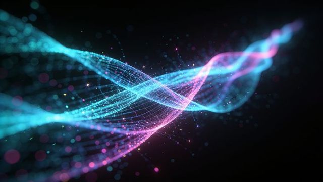 Twisting neon cyan magenta particle ribbons forming holographic energy wave with mesh sparkles