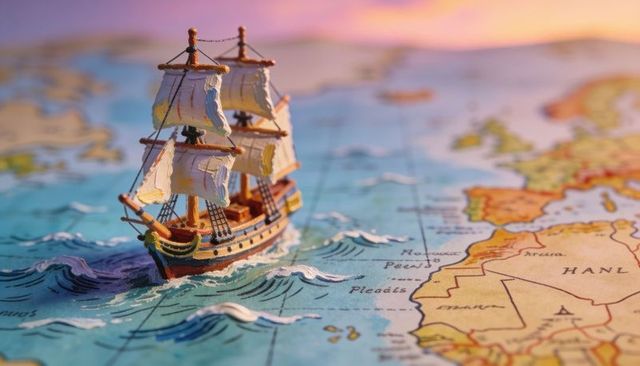 Miniature three-masted sailing ship navigating vintage nautical map at sunset