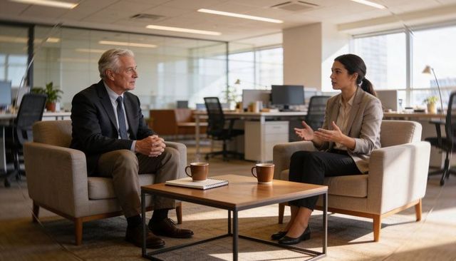 Senior executive and young professional discussing strategy, collaboration in modern office lounge