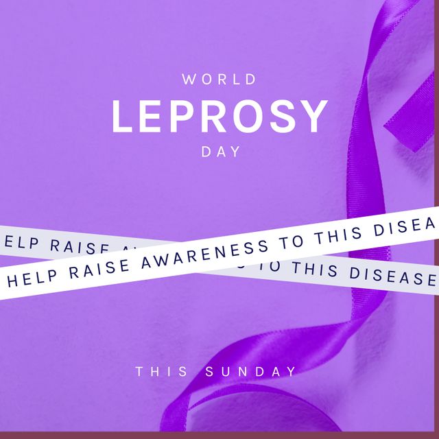 Composition of world leprosy day text with purple ribbon and purple background. World leprosy day, healthcare and disease awareness concept digitally generated video.