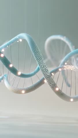 Turquoise DNA helix rotating and waving revealing molecular structure vertical video