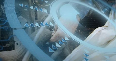 Mechanic diagnosing engine manifold using augmented reality hud overlay workshop closeup