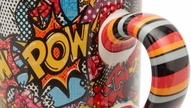 Glossy Ceramic Mug Featuring POW Pop Art Burst and Colorful Striped Handle Closeup