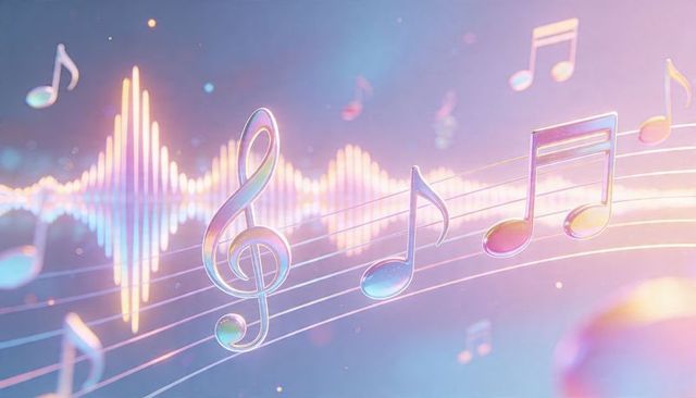 Iridescent musical notes and treble clef floating over neon waveform pastel background