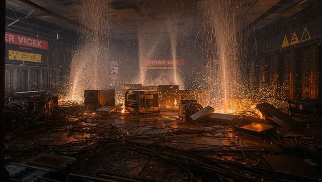 Sparks illuminate industrial crates with hazard signs