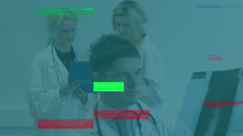 Diverse Doctors Analyzing Reports with Digital Interface Overlay