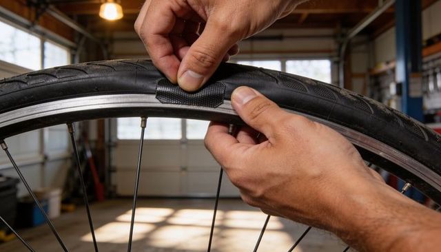 Hands applying adhesive patch to bicycle tire on rim in garage workshop for flat repair