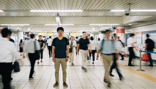 Standing asian man in navy t-shirt at busy subway concourse surrounded by rushing commuters