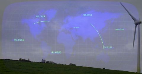 Futuristic Wind Turbine with Holographic Map Overlay in Grassy Field