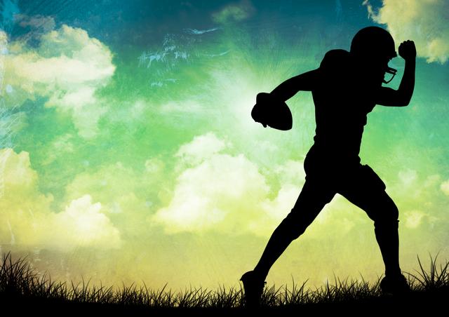 Silhouette of football player running with a ball against a vibrant sky background. Perfect for websites, blogs, and posters related to sports, fitness, and outdoor activities. Suitable for illustrating athletic movements, team spirit, and energy in adverts or social media.