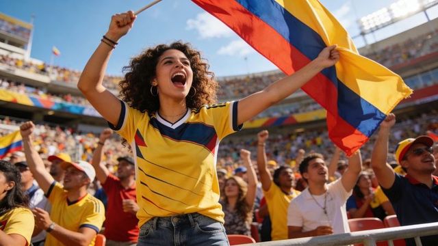 Colombian soccer fan cheering and waving tricolor flag in packed stadium during lively match