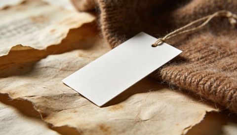 Blank tag resting on knitted wool and aged parchment for rustic label and branding mockup