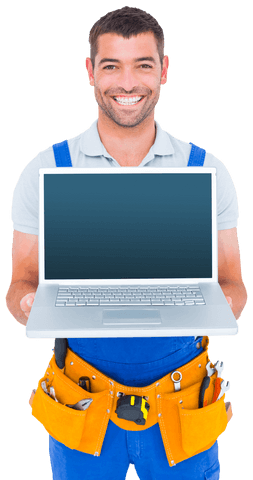 smiling male repairman holding transparent laptop mockup - Download Free Stock Videos Pikwizard.com