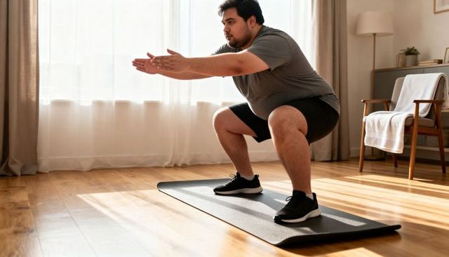 Man performing squat on exercise mat in bright living room practicing home workout