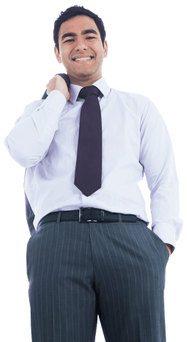 Transparent smiling businessman holding jacket confident pose