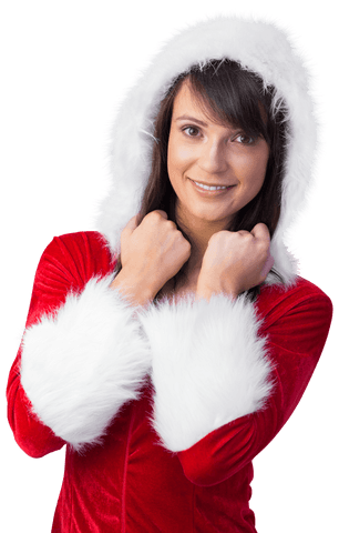 Smiling Brunette Woman in Santa Costume with Transparent Background