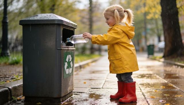 Blonde toddler in yellow raincoat tipping plastic bottle into recycling bin on rainy sidewalk