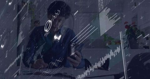 Analyst analyzing market data on smartphone with augmented charts and growth trends