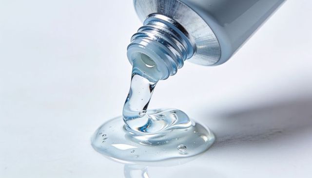 Dispensing light-blue skincare gel from metallic tube, macro closeup, glossy finish
