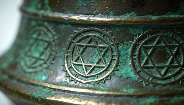 Corroded bronze band featuring hexagram medallions verdigris patina macro detail