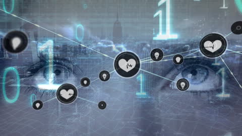 Digital Network Connections Pulsing Over Woman's Eyes