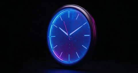 Neon Clock Rotating Backwards with Futuristic Glow
