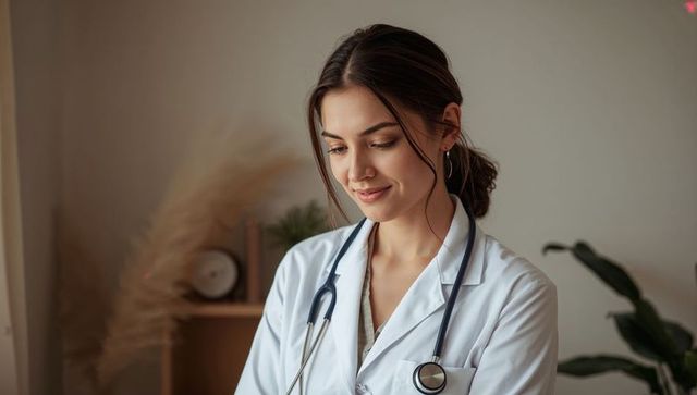 Young female doctor smiling with stethoscope in warm minimalist clinic office portrait