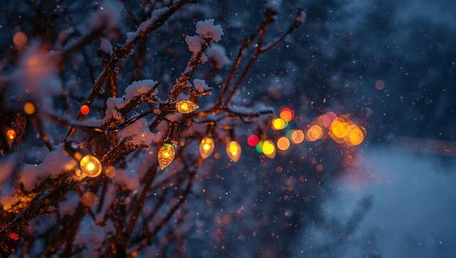 Warm holiday lights glowing on snow-covered branches at dusk with bokeh