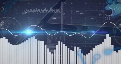 Futuristic neon dashboard showing vertical bar histogram and waveform data visualization