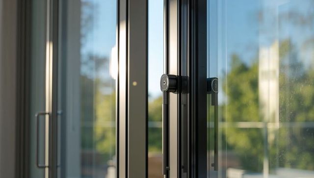 Closeup of modern sliding glass door lock on balcony frame with reflective glass detail