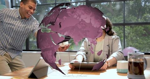 Purple 3d globe overlay showing global collaboration, coworkers using tablet and mobile