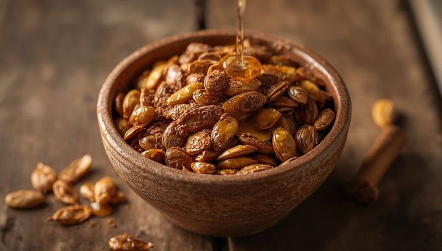 Organic honey drizzling over roasted pumpkin seeds in rustic charm